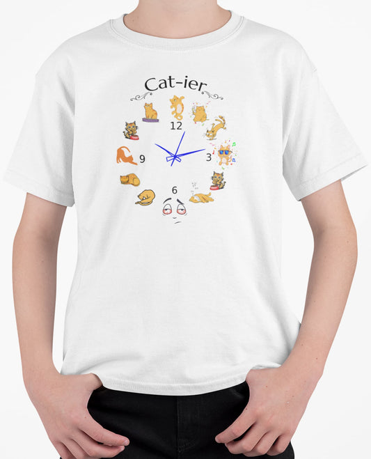 Close-up of Cat-ier Funny Cat Watch Parody T-Shirt – parody cat watch graphic showing feline nightlife routine.