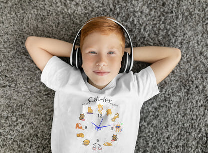 Model wearing Cat-ier Funny Cat Watch Parody T-Shirt – unisex premium tee with humorous cat luxury design.