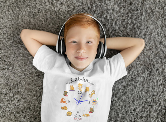 Model wearing Cat-ier Funny Cat Watch Parody T-Shirt – unisex premium tee with humorous cat luxury design.