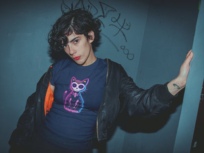 Woman styling Muertos Neon T-Shirt – colorful Día de los Muertos cat design with retro neon aesthetic.