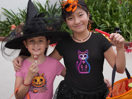 Model wearing Muertos Neon T-Shirt – classic women’s tee with vibrant Día de los Muertos cat design in neon style.