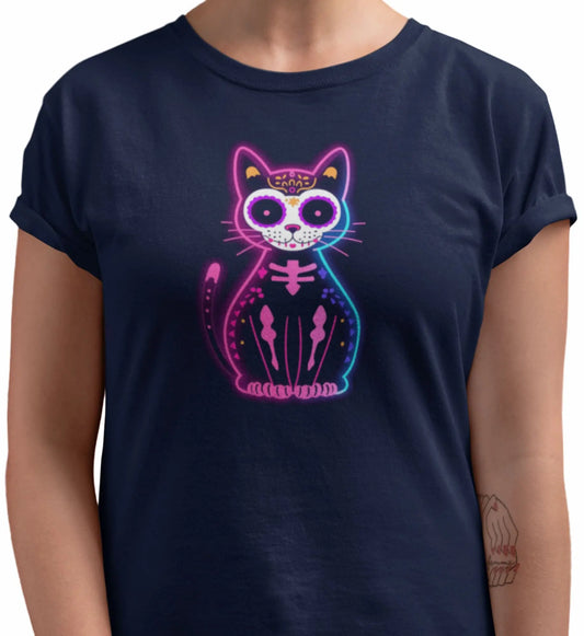 Close-up of Muertos Neon T-Shirt – abstract cat graphic with rounded lines and vibrant neon retrowave tones.