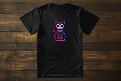 Muertos Neon T-Shirt – classic women’s tee featuring abstract cat artwork with retrowave neon colors.