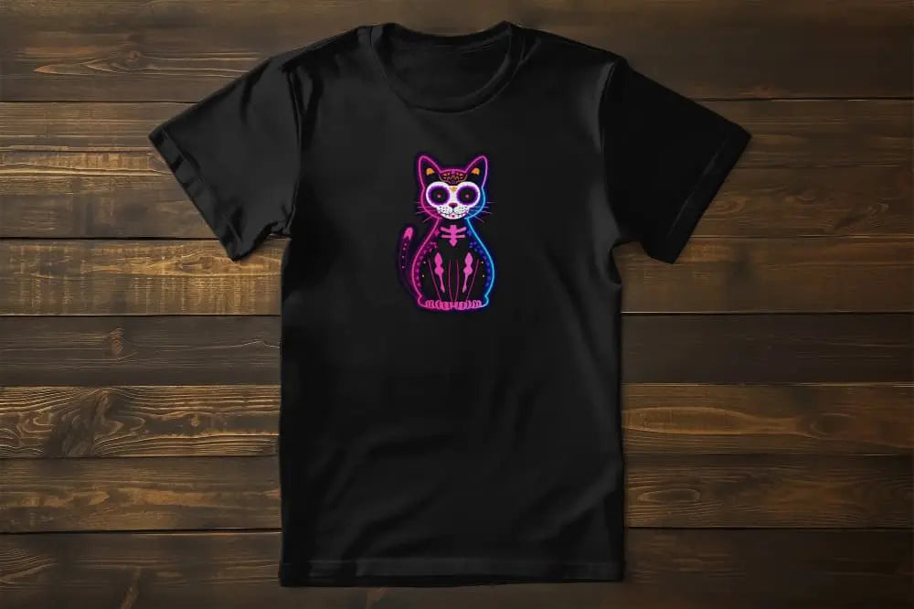 Muertos Neon T-Shirt – classic women’s tee featuring abstract cat artwork with retrowave neon colors.
