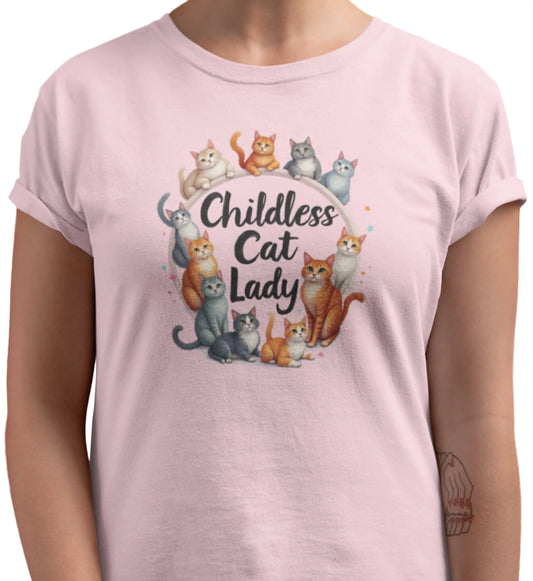 Close-up of Childless Cat Lady II t-shirt design with fresh minimalist cat illustrations and humorous slogan