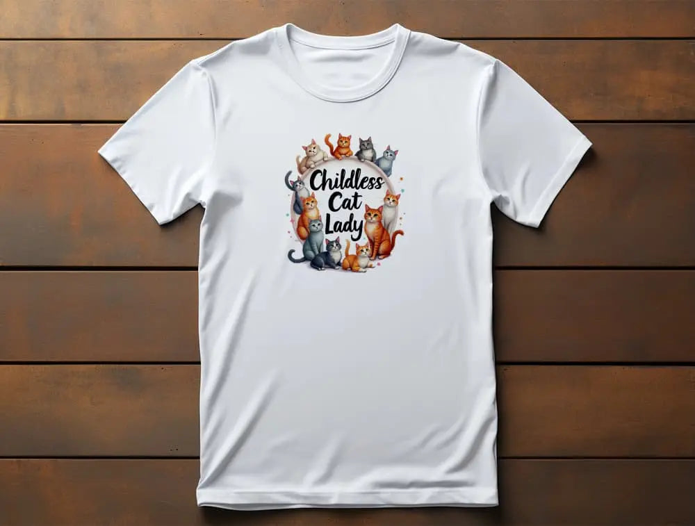 Flat lay of Childless Cat Lady II classic women’s t-shirt featuring artistic cat lover design