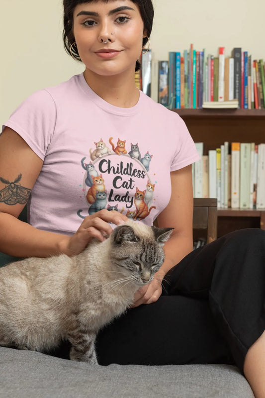 Mockup of Childless Cat Lady II women’s t-shirt with minimalist cat illustrations and playful phrase