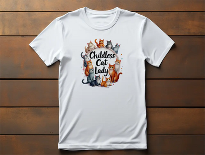 Flat lay of Childless Cat Lady II classic women’s t-shirt featuring artistic cat lover design