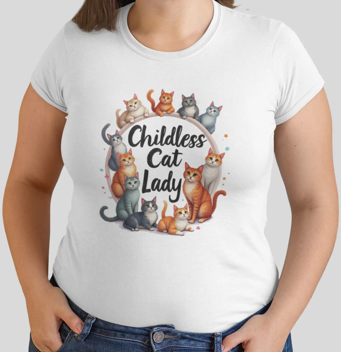 Close-up of Childless Cat Lady II t-shirt design with fresh minimalist cat illustrations and humorous slogan