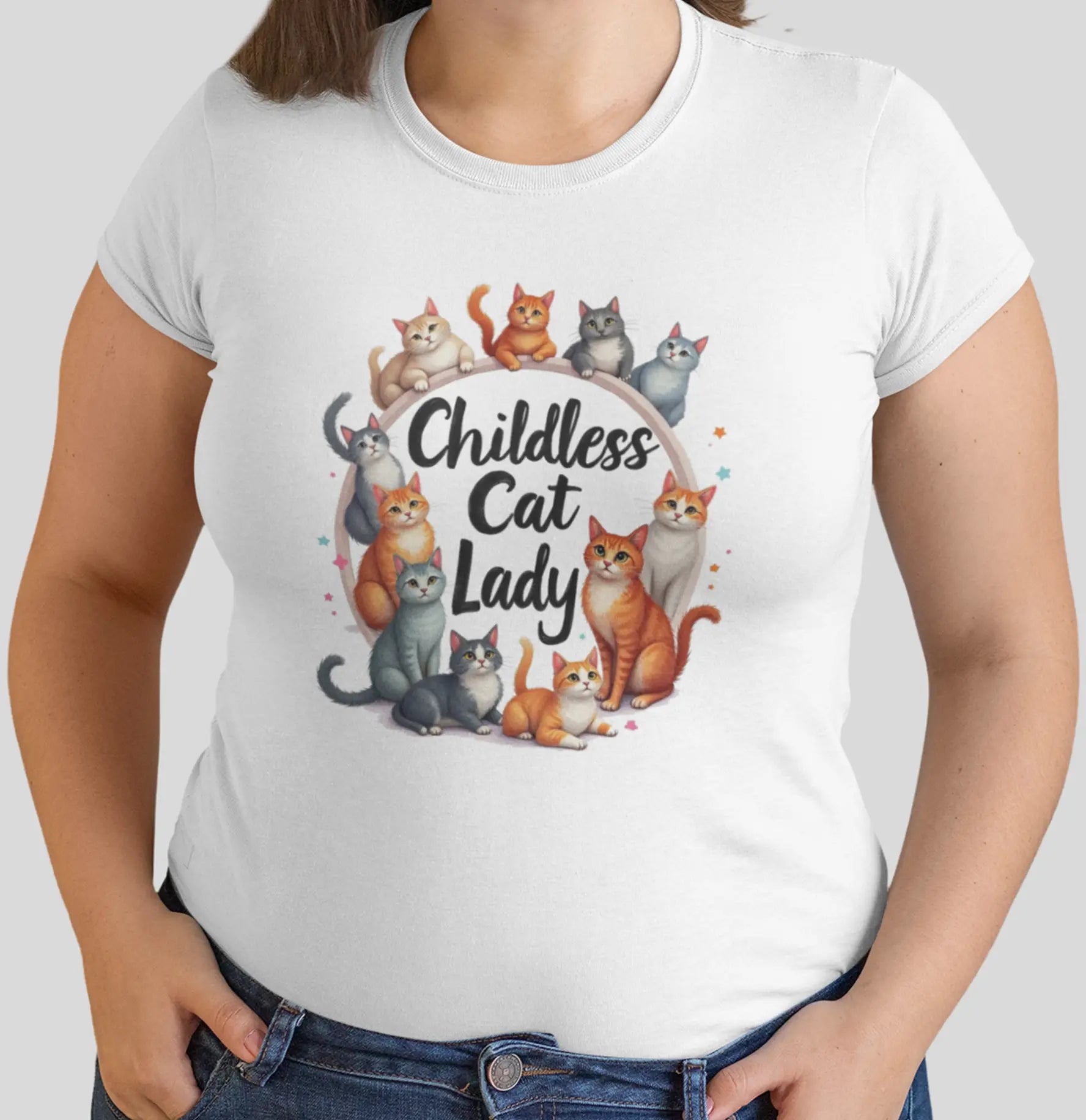 Close-up of Childless Cat Lady II t-shirt design with fresh minimalist cat illustrations and humorous slogan