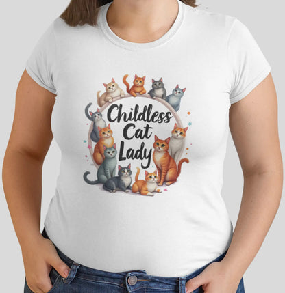 Close-up of Childless Cat Lady II t-shirt design with fresh minimalist cat illustrations and humorous slogan