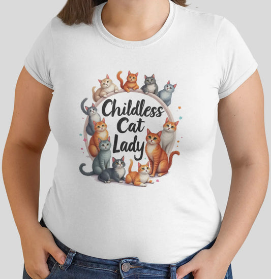 Close-up of Childless Cat Lady II t-shirt design with fresh minimalist cat illustrations and humorous slogan