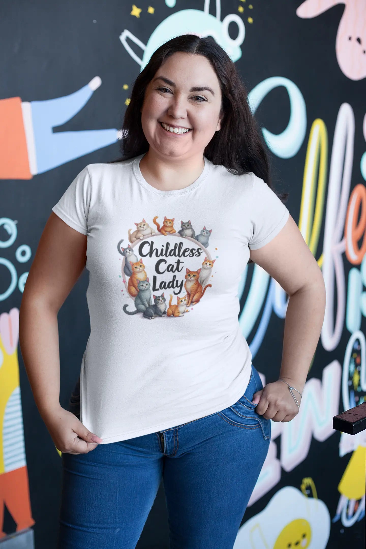 Mockup of Childless Cat Lady II women’s t-shirt with minimalist cat illustrations and playful phrase