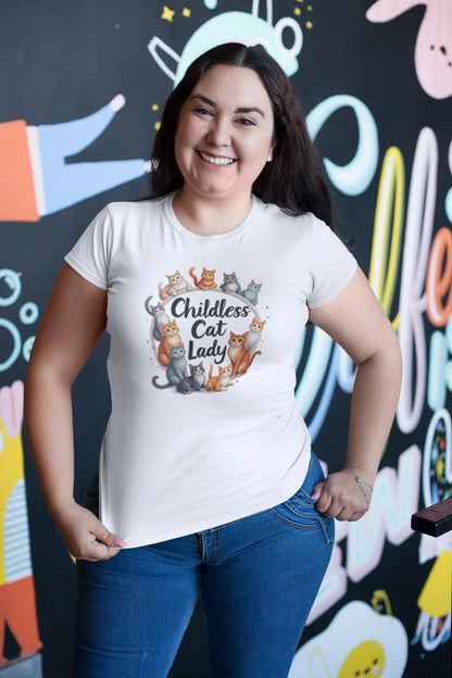 Mockup of Childless Cat Lady II women’s t-shirt with minimalist cat illustrations and playful phrase
