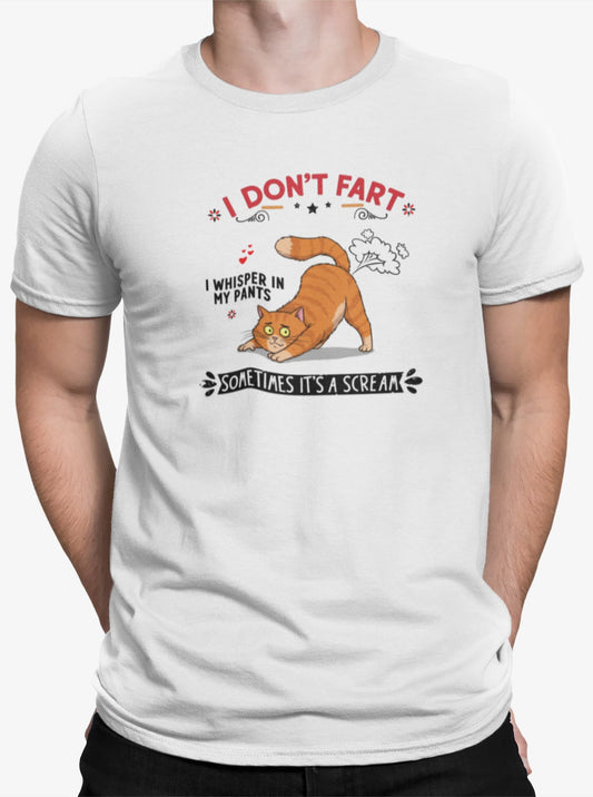 Close-up of I Don’t Fart Funny Cat Humor T-Shirt – bold typography graphic with hilarious feline joke phrases.