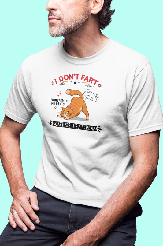 Model wearing I Don’t Fart Funny Cat Humor T-Shirt – unisex premium tee with bold feline joke design.