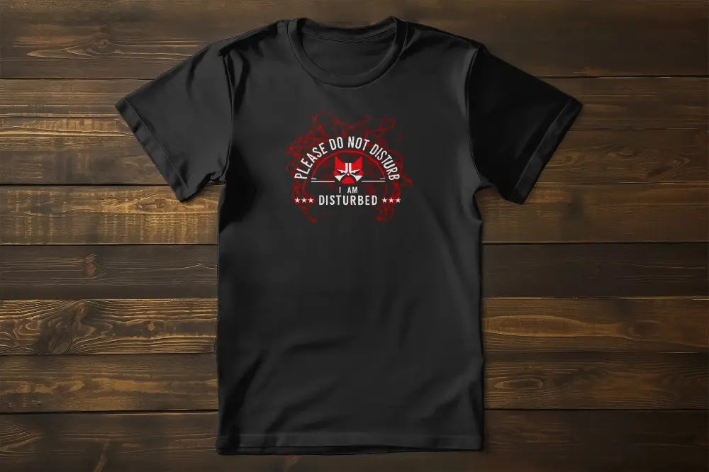 I Am Disturbed Funny Cat Humor T-Shirt – unisex premium tee featuring minimalist grumpy cat graphic with witty text