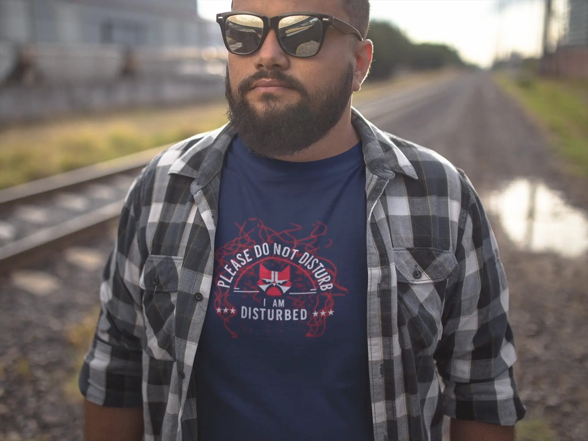 Model wearing I Am Disturbed Funny Cat Humor T-Shirt – unisex premium tee with sarcastic grumpy cat design