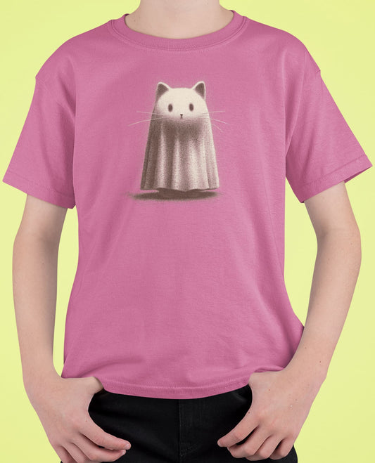 Close-up of Kawaii Ghost T-Shirt print – ghost cat with ears and whiskers in graphite sketch style, vintage monochrome look.