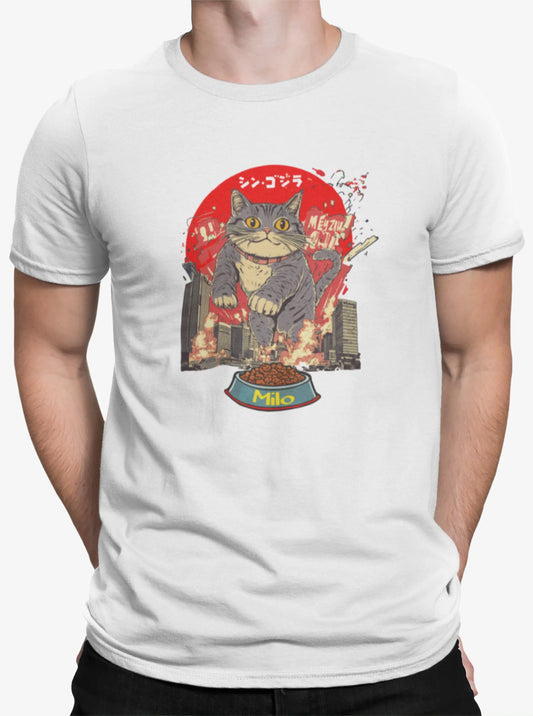 Close-up of The Hungry One Cat T-Shirt print – detailed art of a giant hungry cat causing chaos in Japanese movie poster style.