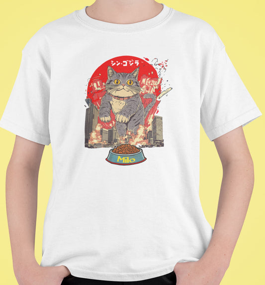 Close-up of The Hungry One Cat T-Shirt print – detailed art of a giant hungry cat causing chaos in Japanese movie poster style.