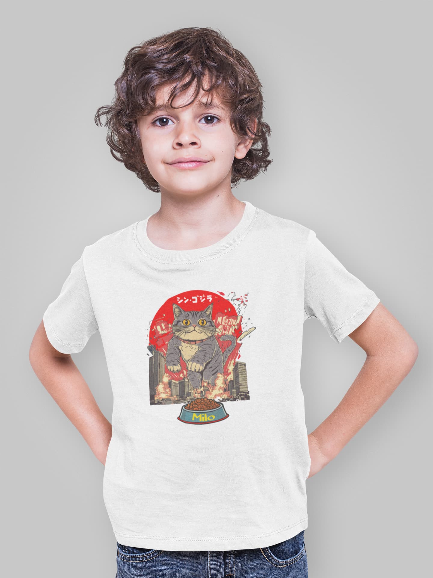Model wearing The Hungry One Cat T-Shirt – unisex premium tee featuring a giant cat rampaging toward its food bowl in a humorous Japanese-style parody design.