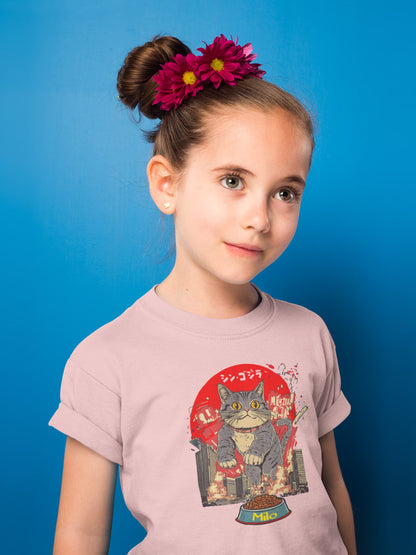 Person wearing The Hungry One Cat T-Shirt – funny and bold cat parody design inspired by classic kaiju movies, perfect for humor and pop culture fans.