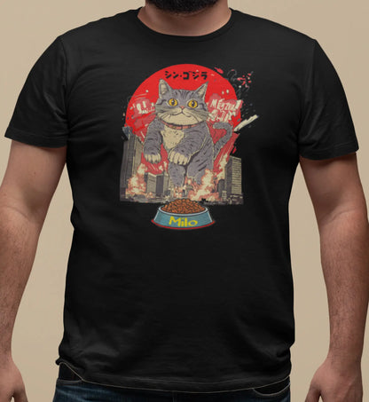 Close-up of The Hungry One Cat T-Shirt print – detailed art of a giant hungry cat causing chaos in Japanese movie poster style.