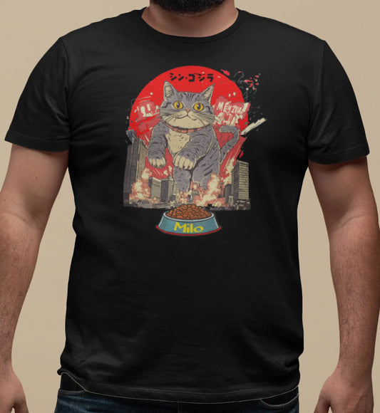 Close-up of The Hungry One Cat T-Shirt print – detailed art of a giant hungry cat causing chaos in Japanese movie poster style.