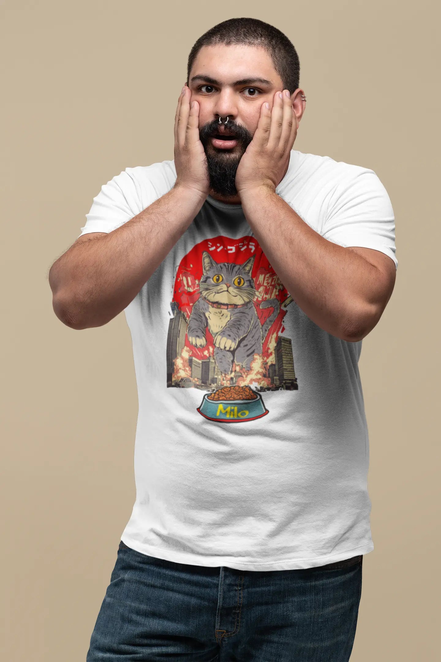 Person wearing The Hungry One Cat T-Shirt – funny and bold cat parody design inspired by classic kaiju movies, perfect for humor and pop culture fans.