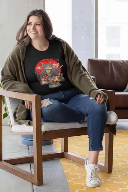 Model wearing The Hungry One Cat T-Shirt – unisex premium tee featuring a giant cat rampaging toward its food bowl in a humorous Japanese-style parody design.