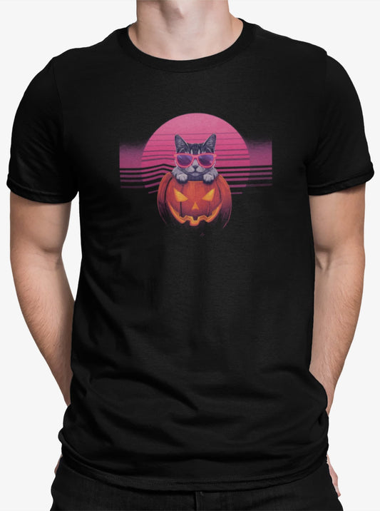 Close-up of Neon Pumpkin Cat T-Shirt print – neon cat wearing sunglasses inside jack-o’-lantern, synthwave pink and purple backdrop.