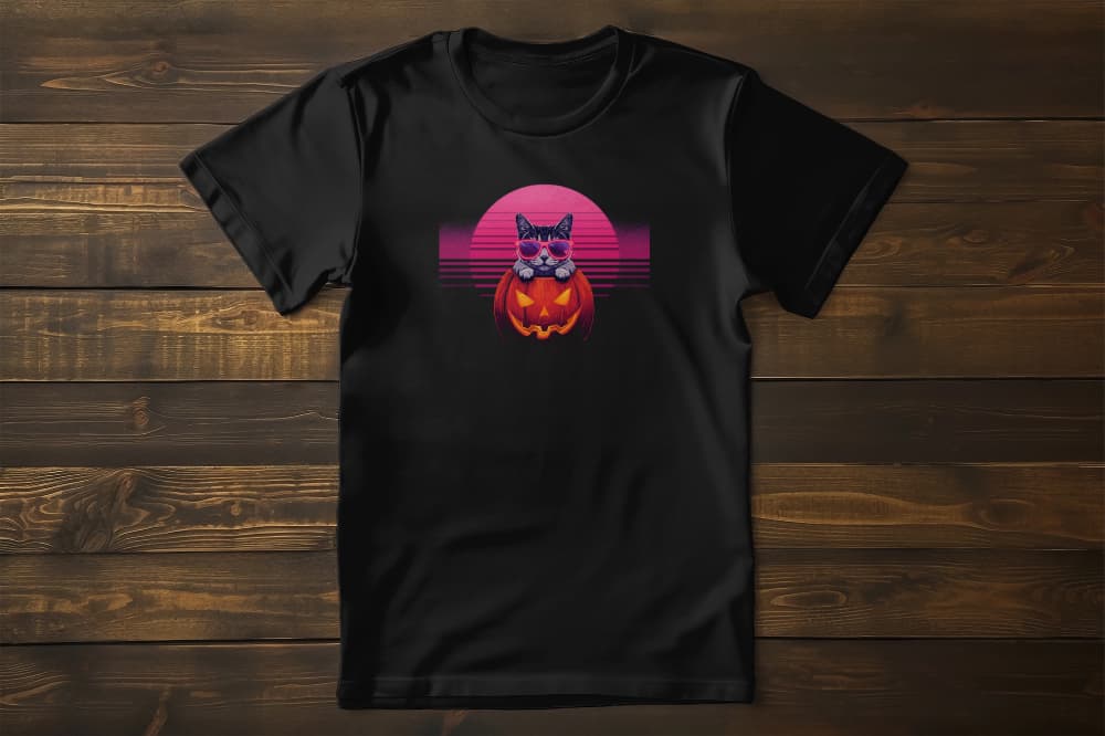 Neon Pumpkin Cat T-Shirt – retro synthwave Halloween tee with cool cat in glowing pumpkin and neon sunglasses.