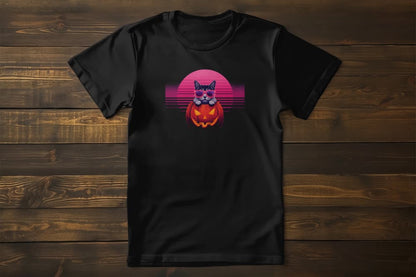 Neon Pumpkin Cat T-Shirt – retro synthwave Halloween tee with cool cat in glowing pumpkin and neon sunglasses.