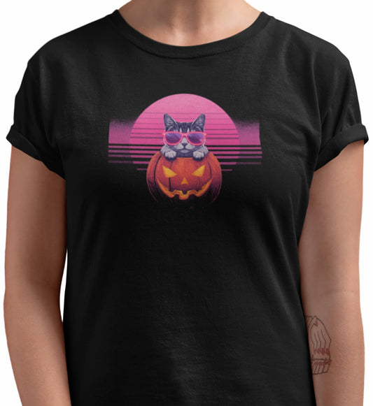 Close-up of Neon Pumpkin Cat T-Shirt print – neon cat wearing sunglasses inside jack-o’-lantern, synthwave pink and purple backdrop.