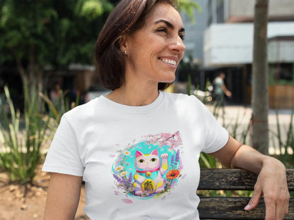 Mockup of a white t-shirt featuring the Springwave Maneki design, an anime-style Maneki Neko surrounded by colorful spring flowers on a clean white background.