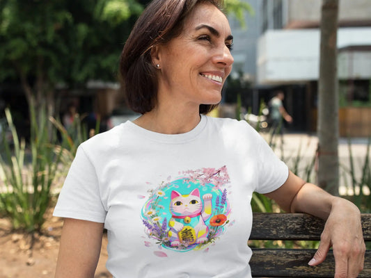 Mockup of a white t-shirt featuring the Springwave Maneki design, an anime-style Maneki Neko surrounded by colorful spring flowers on a clean white background.