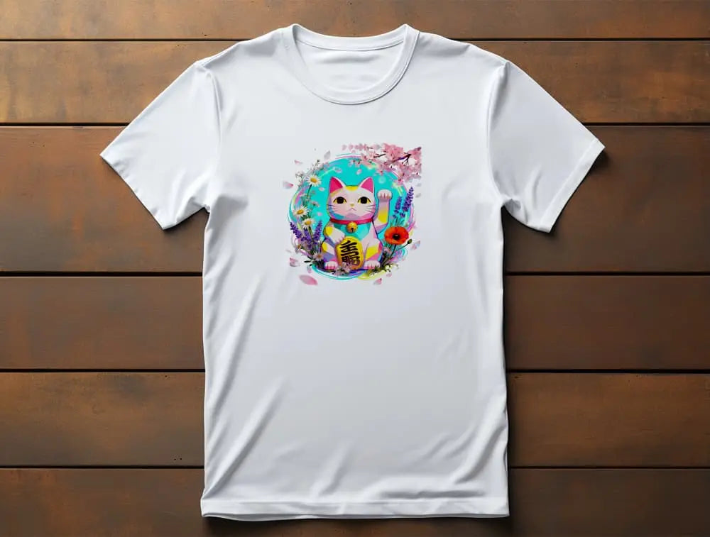 Flat lay of a white graphic t-shirt with the Springwave Maneki print, featuring a cute anime-inspired lucky cat with vibrant floral elements in a spring theme.
