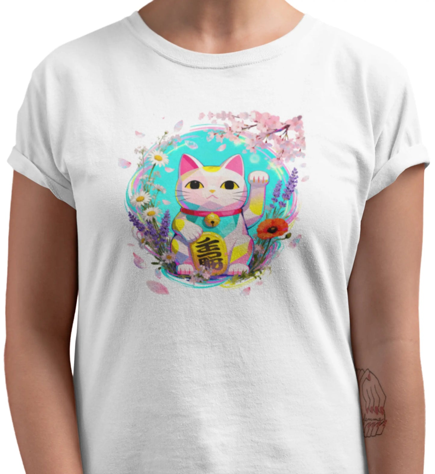 Close-up detail of the Springwave Maneki t-shirt print, highlighting an anime-style Maneki Neko with delicate lines, vibrant spring flowers, and a bright cheerful composition.