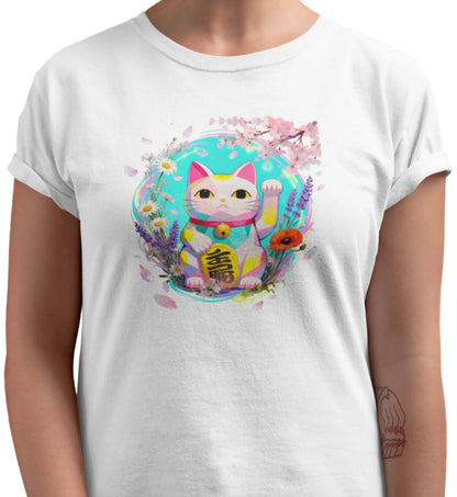 Close-up detail of the Springwave Maneki t-shirt print, highlighting an anime-style Maneki Neko with delicate lines, vibrant spring flowers, and a bright cheerful composition.
