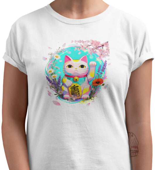 Close-up detail of the Springwave Maneki t-shirt print, highlighting an anime-style Maneki Neko with delicate lines, vibrant spring flowers, and a bright cheerful composition.