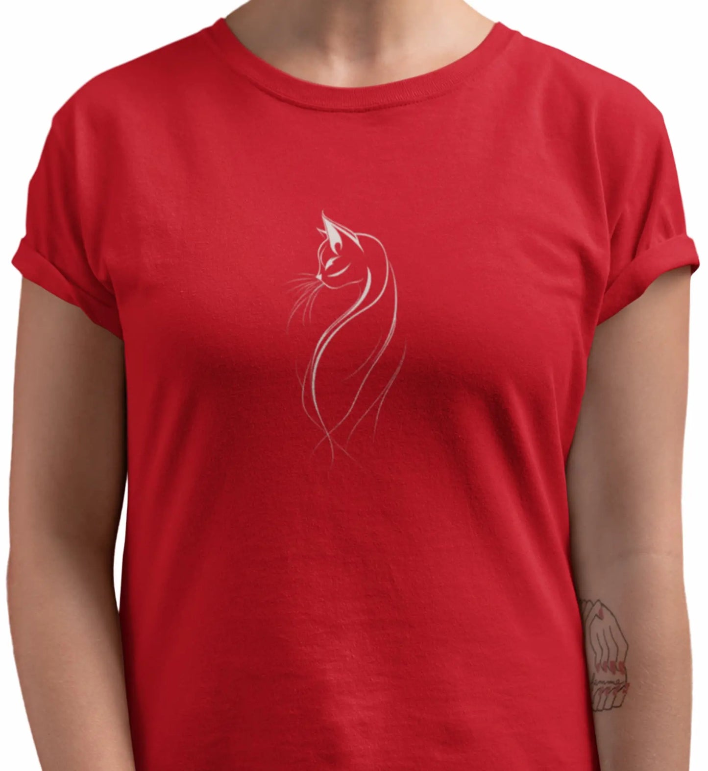 Close-up of The Feline Form t-shirt print highlighting minimalist cat lines and artistic elegance