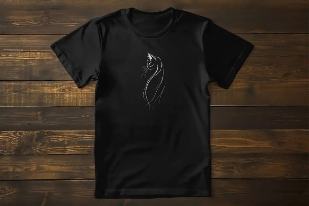 Flat lay of The Feline Form women’s t-shirt showcasing graceful feline artwork in refined lines