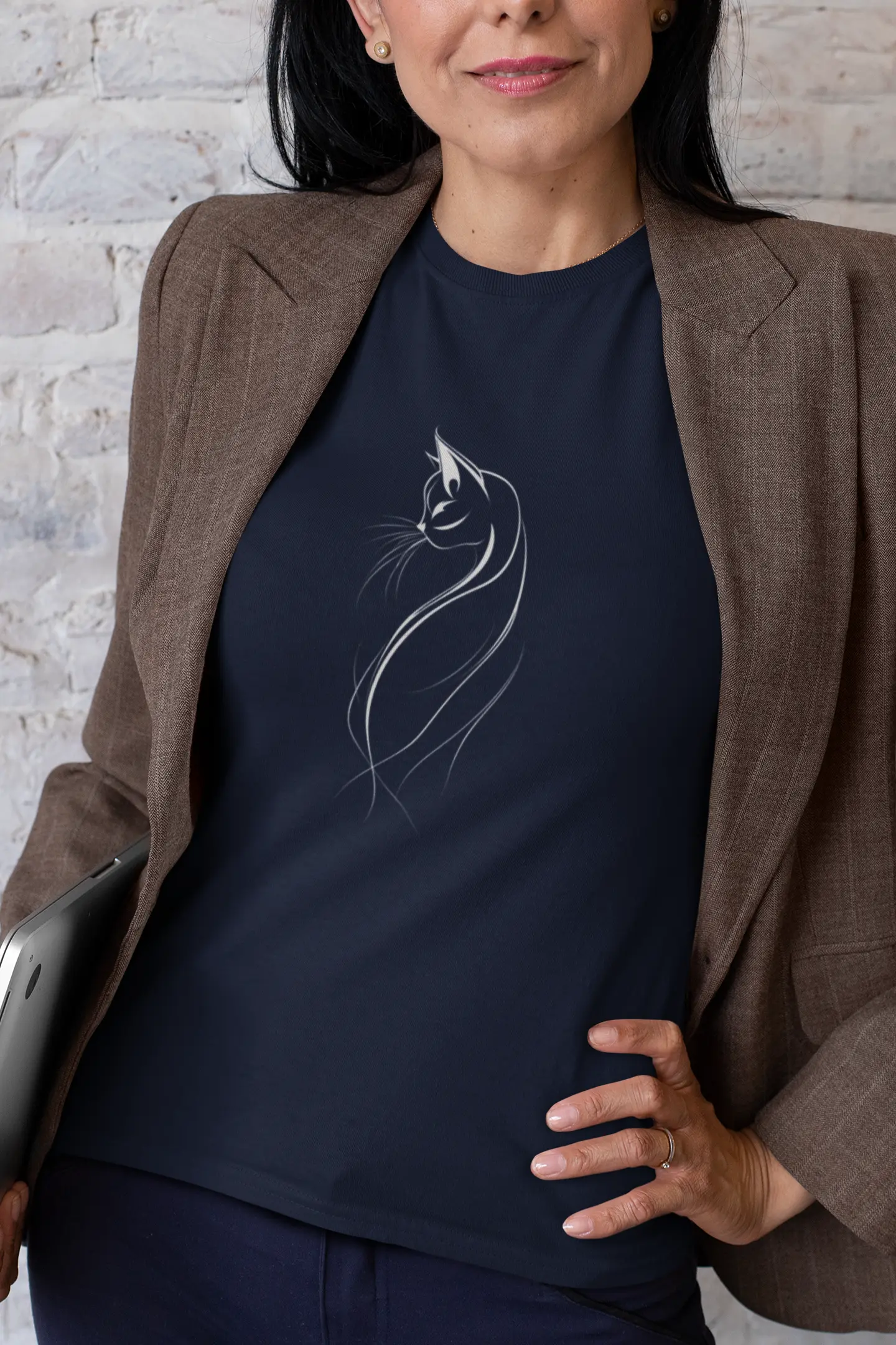 Model wearing The Feline Form classic women’s t-shirt with sophisticated cat silhouette design