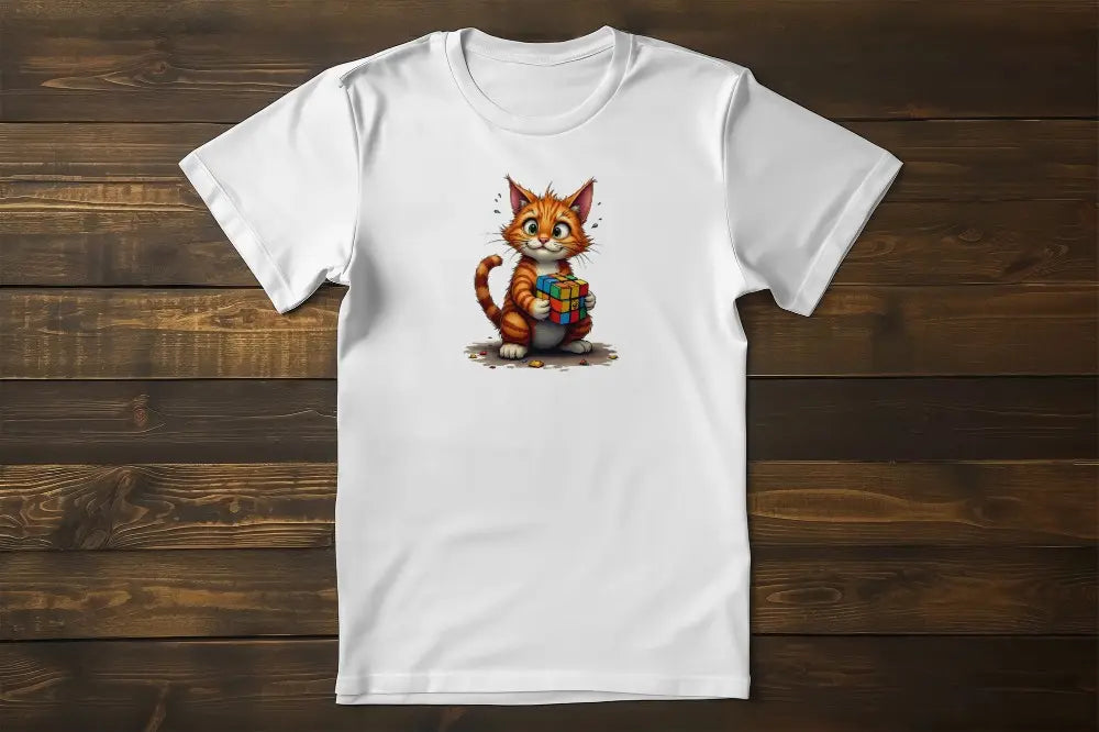 Puzzle? Nevermind Funny Confused Cat T-Shirt – unisex premium tee featuring orange cat with Rubik’s Cube design