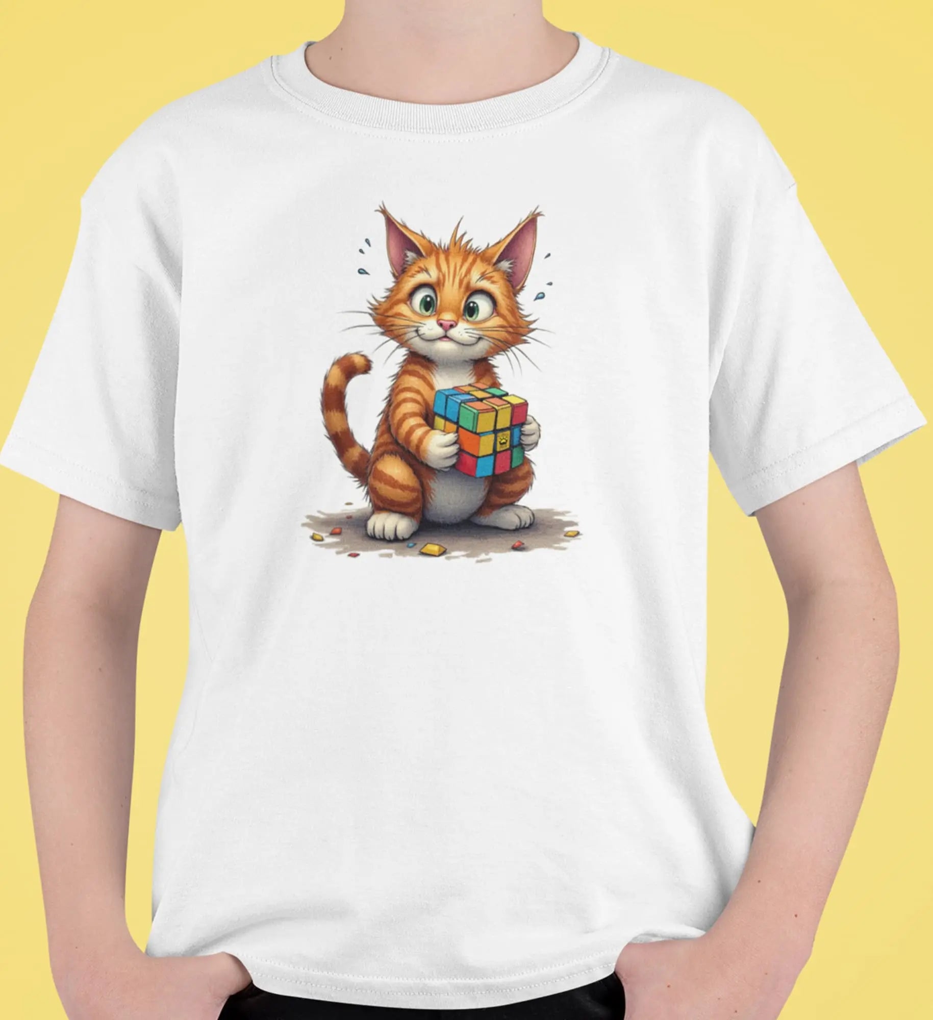 Close-up of Puzzle? Nevermind Funny Confused Cat T-Shirt – playful orange cat graphic with Rubik’s Cube