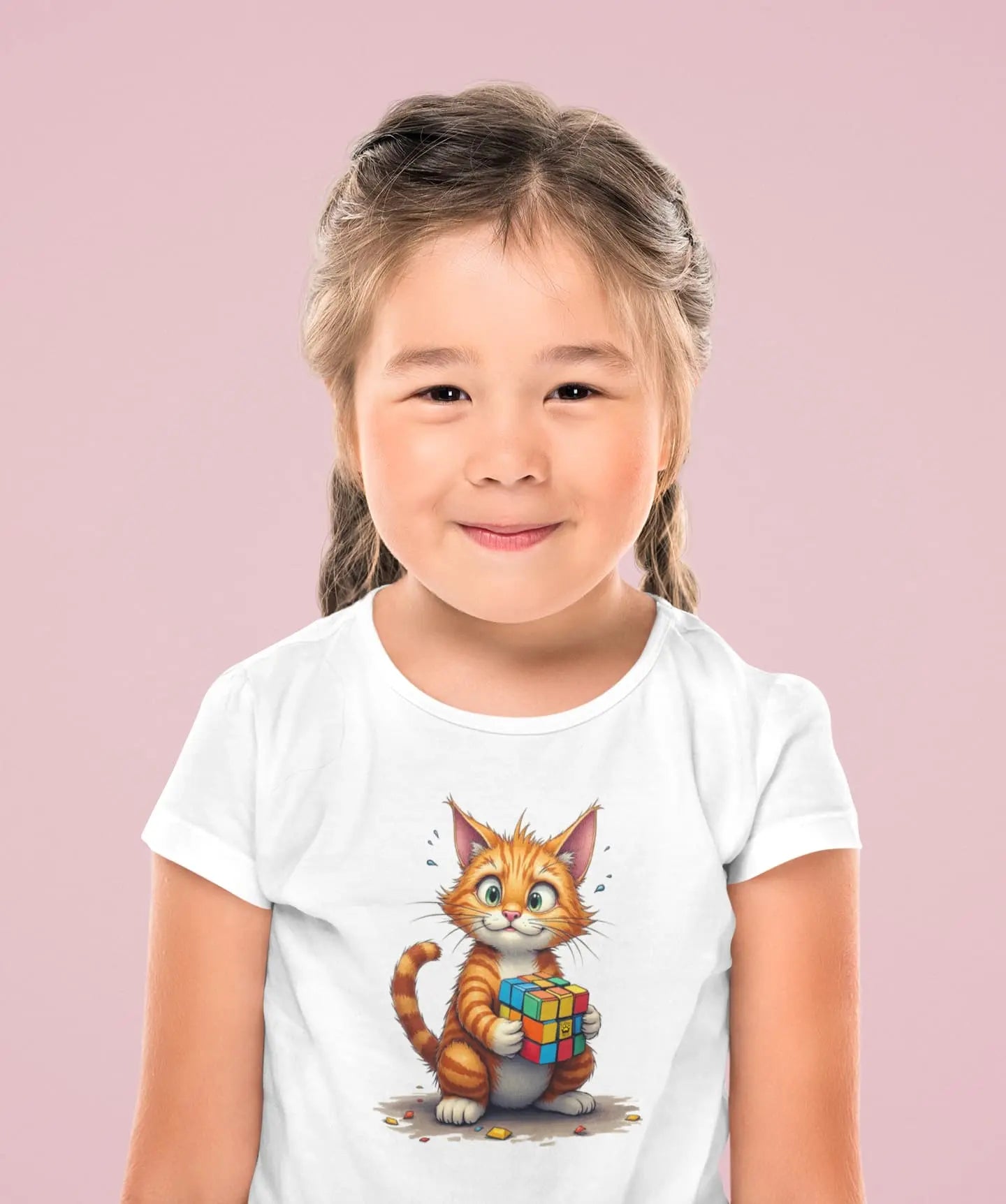 Model wearing Puzzle? Nevermind Funny Confused Cat T-Shirt – unisex premium tee with orange cat holding magical orb