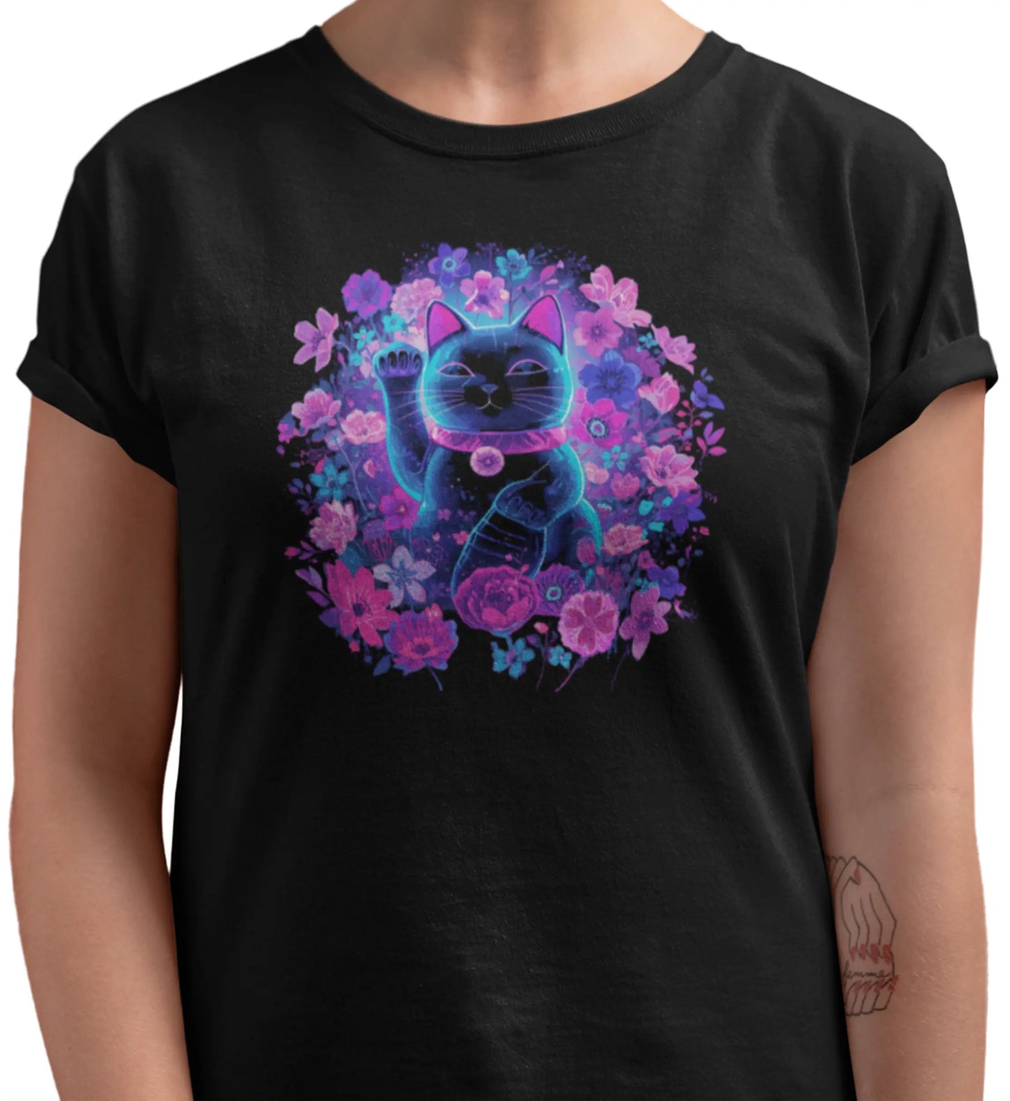 Close-up detail of the Maneki in Bloom t-shirt print, highlighting the floral lucky cat illustration, vivid colors, expressive details, and artistic spring-inspired composition.