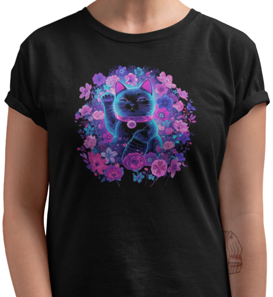 Close-up detail of the Maneki in Bloom t-shirt print, highlighting the floral lucky cat illustration, vivid colors, expressive details, and artistic spring-inspired composition.