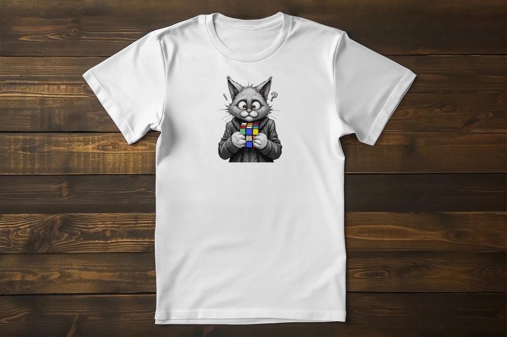 Cubecat Funny Cat & Rubik’s Cube T-Shirt – minimalist unisex premium tee featuring cat and Rubik’s cube graphic
